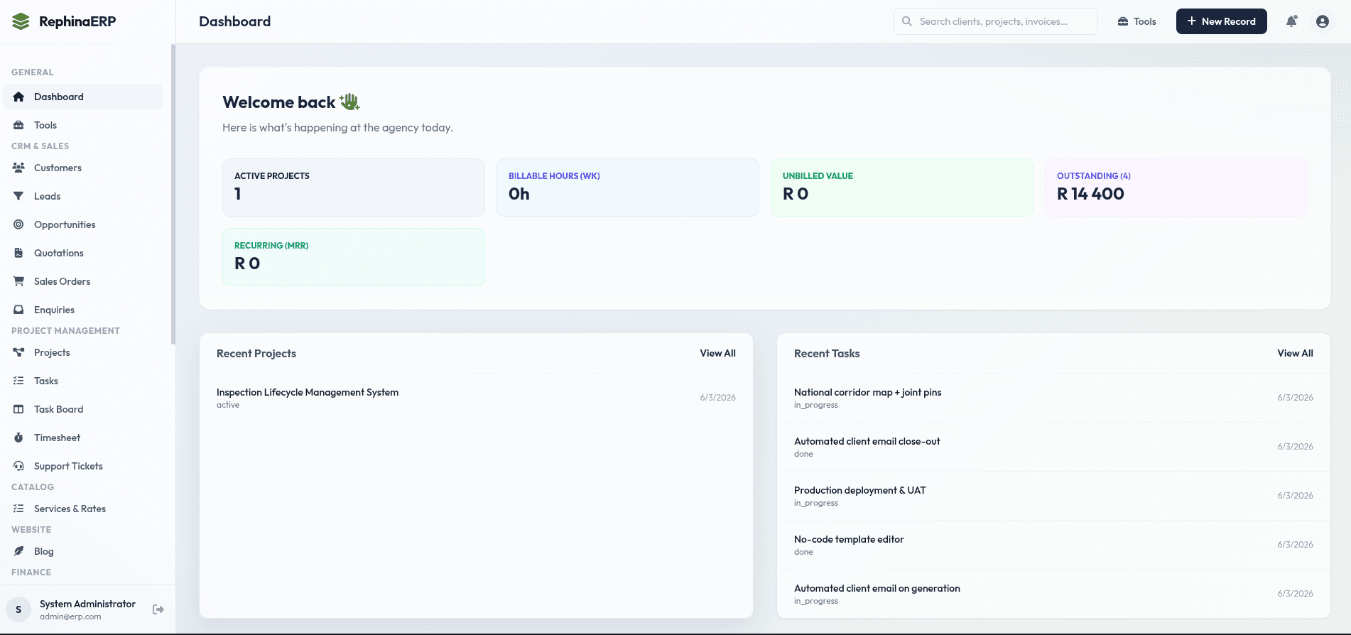 Rephina ERP dashboard — projects, tasks, and finance overview