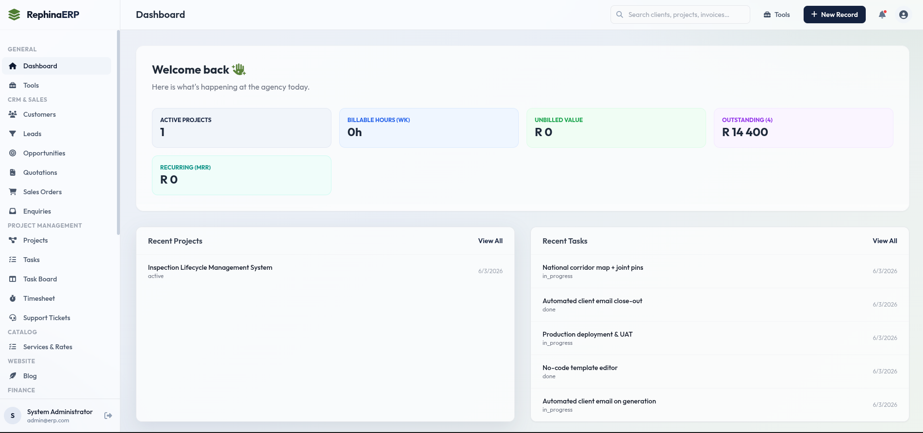Rephina ERP dashboard — projects, tasks, and finance overview