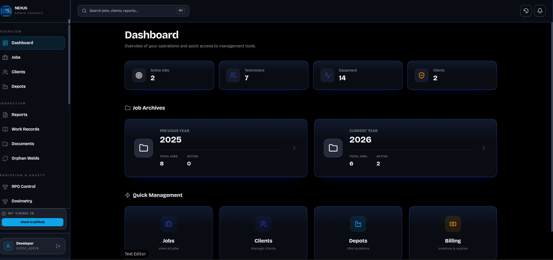 MPIA admin console dashboard — jobs, clients, equipment, and inspection archives