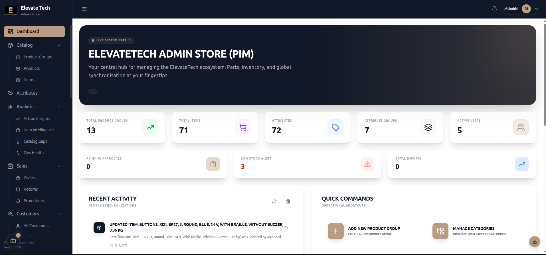 ElevateTech PIM admin dashboard — parts, inventory, and sync overview