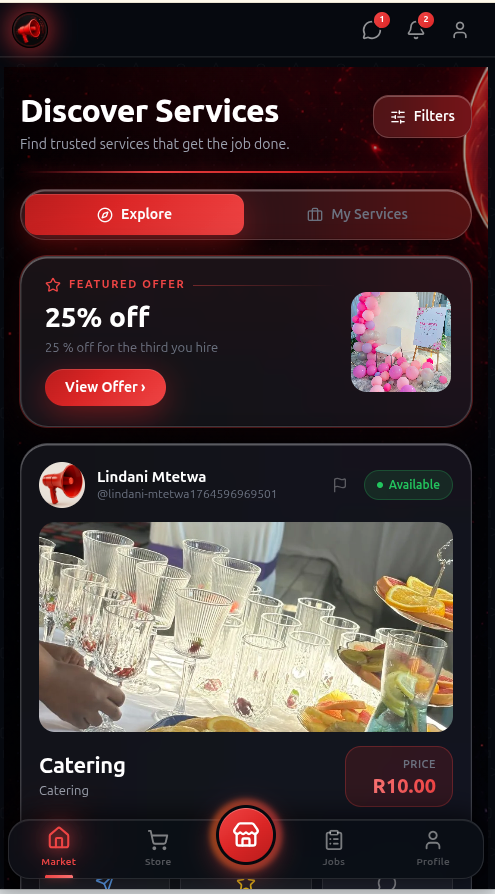 RedHailer discover-services marketplace screen with featured listings